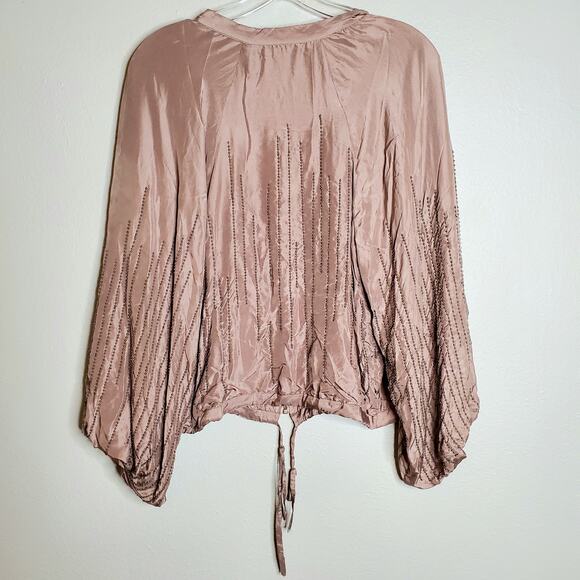 Raasta 100% Silk Beaded Bomber Jacket Size L Blush Pink Studded Bow Going Out - Picture 3 of 15